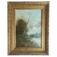 Antique French 19th Century Barbizon School Óleo sobre lienzo Pintura de paisaje.