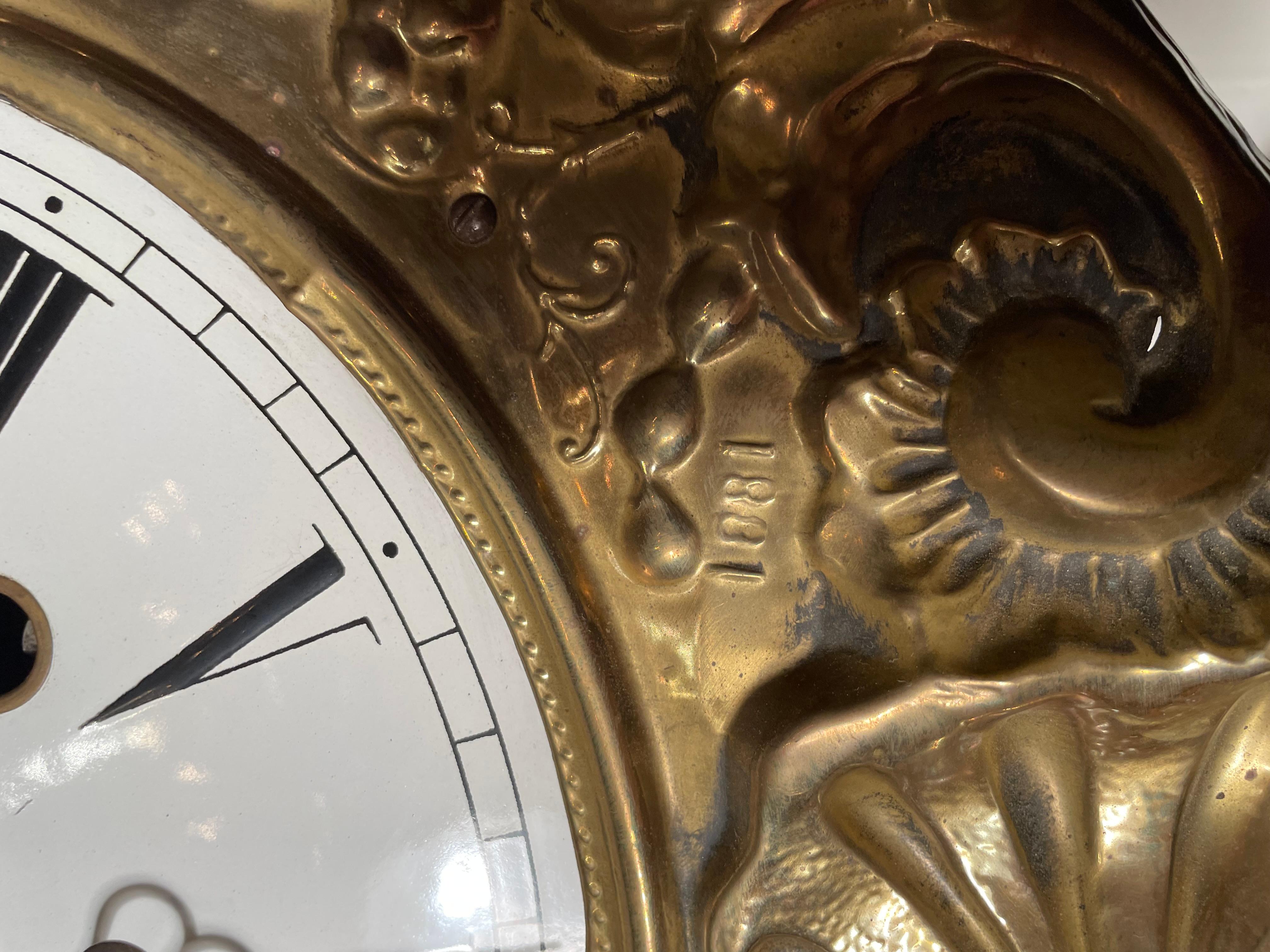 Antique French 19th Century Brass Wag at the Wall Clock and Pendulum In Good Condition In New Orleans, LA