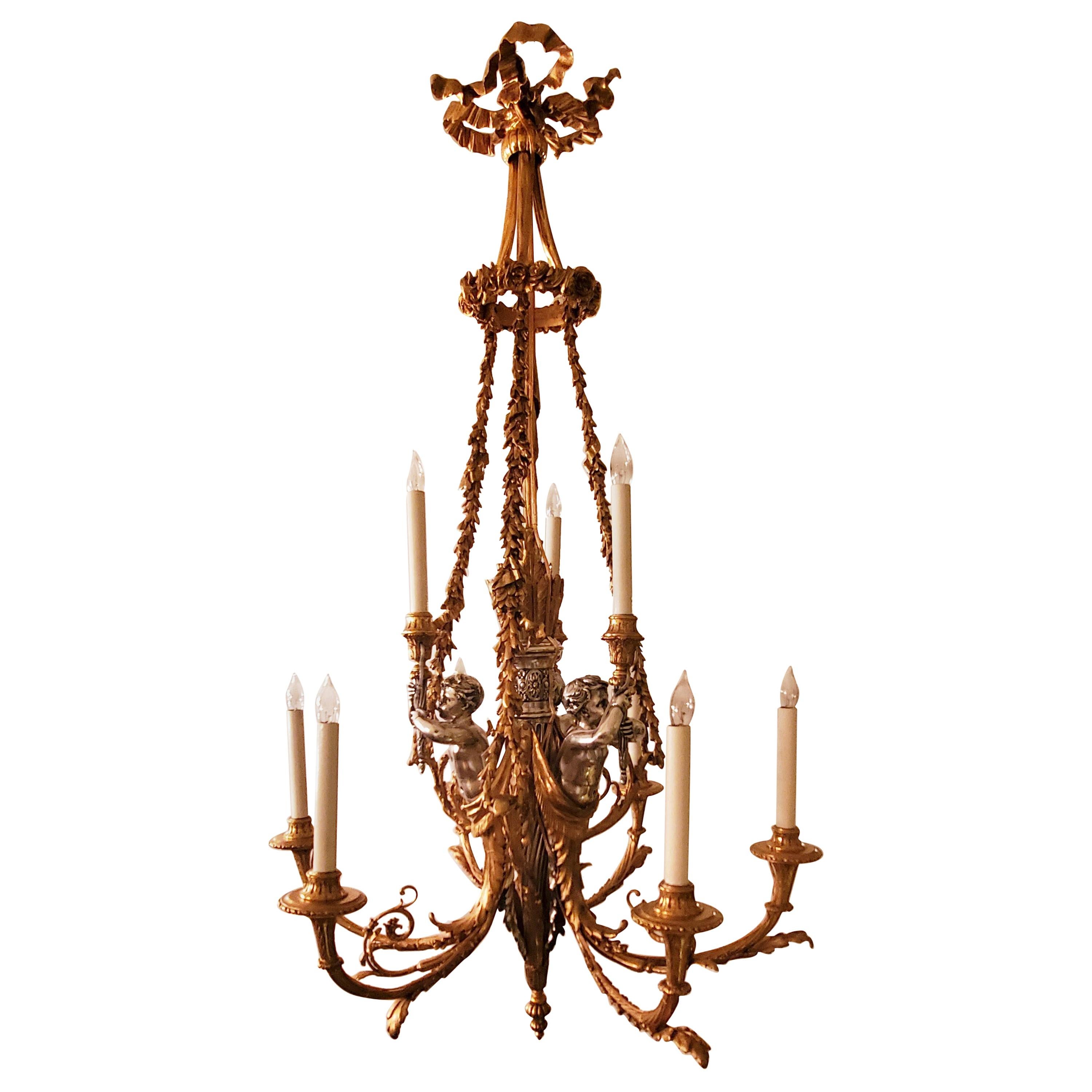 Antique French 19th Century Bronze and Silver Chandelier