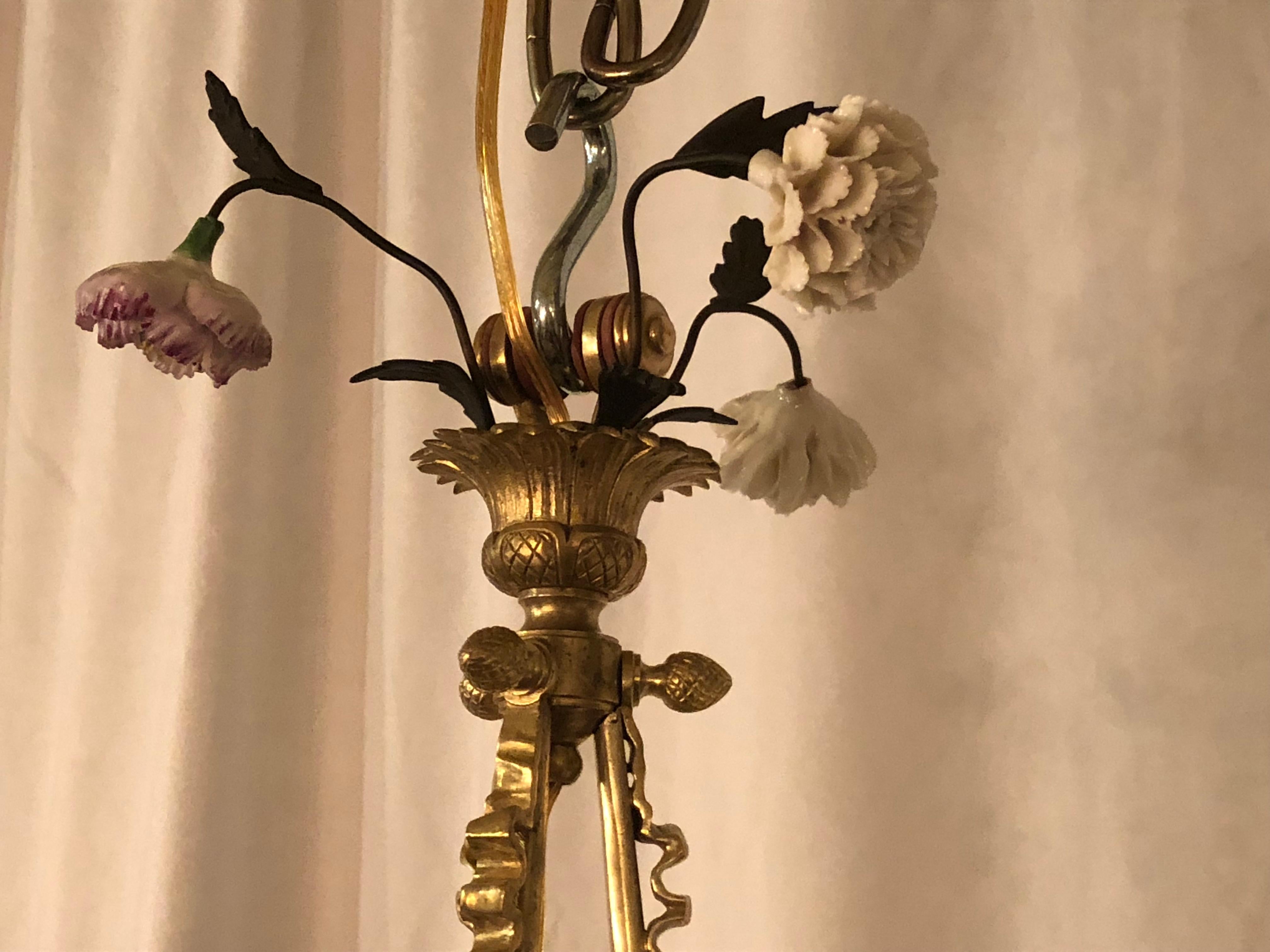 Antique French 19th century bronze doré and porcelain flower basket chandelier. Marie Antoinette.