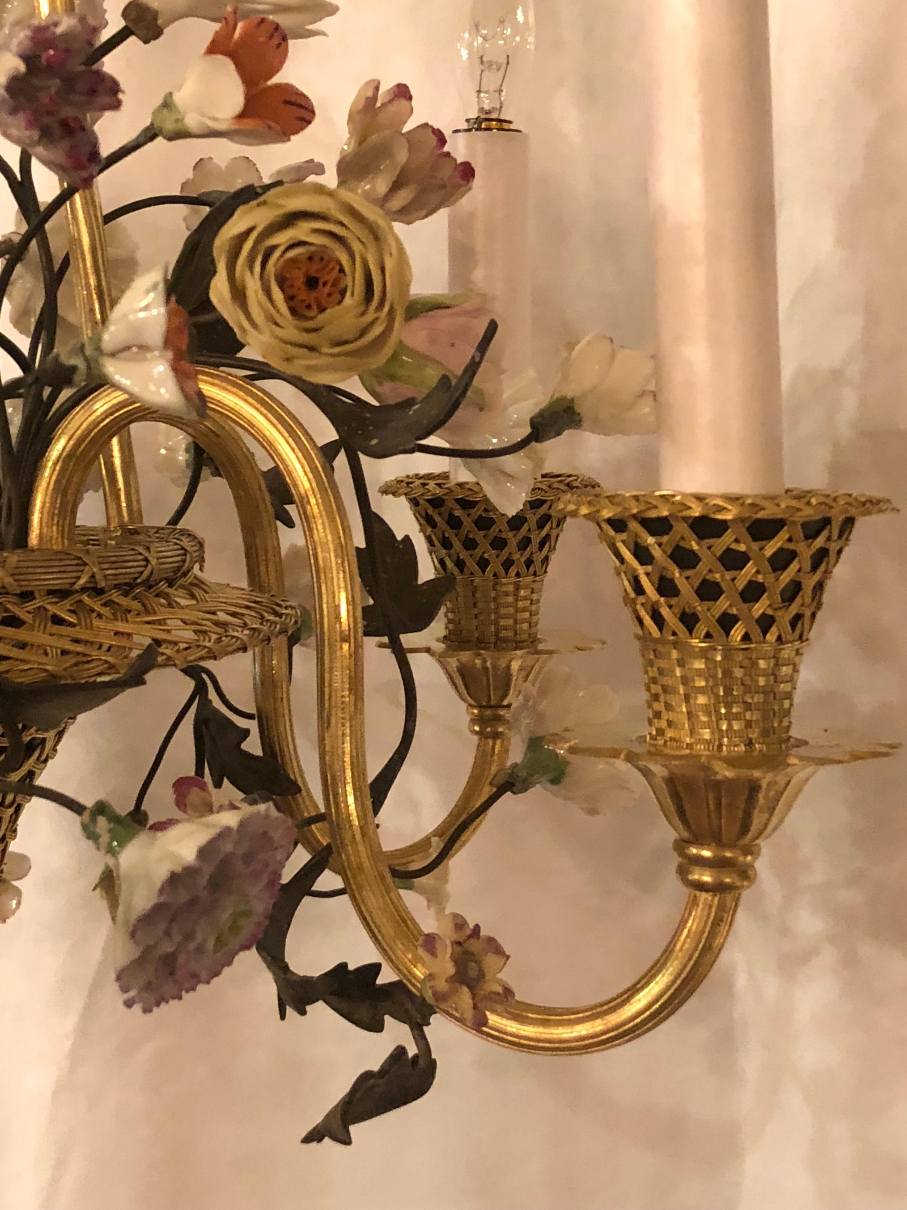 Antique French 19th Century Bronze Doré and Porcelain Flower Basket Chandelier In Excellent Condition In New Orleans, LA