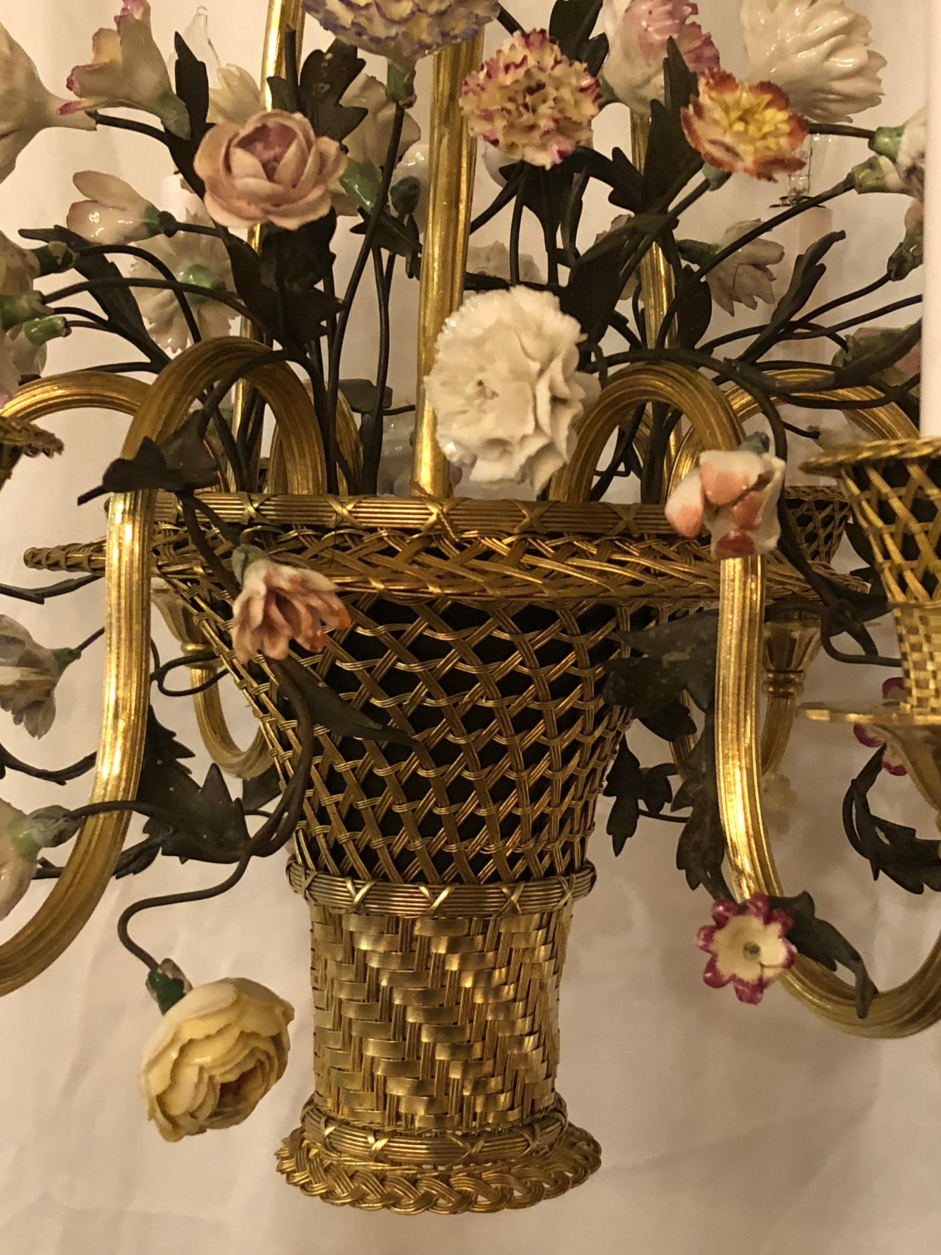 Antique French 19th Century Bronze Doré and Porcelain Flower Basket Chandelier 1