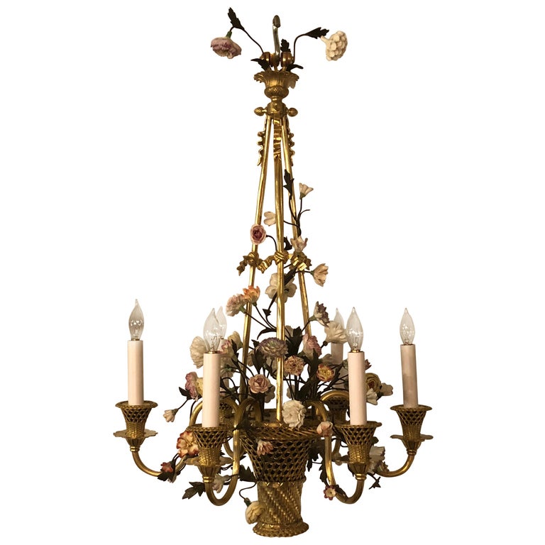 Antique French 19th Century Bronze Doré and Porcelain Flower Basket