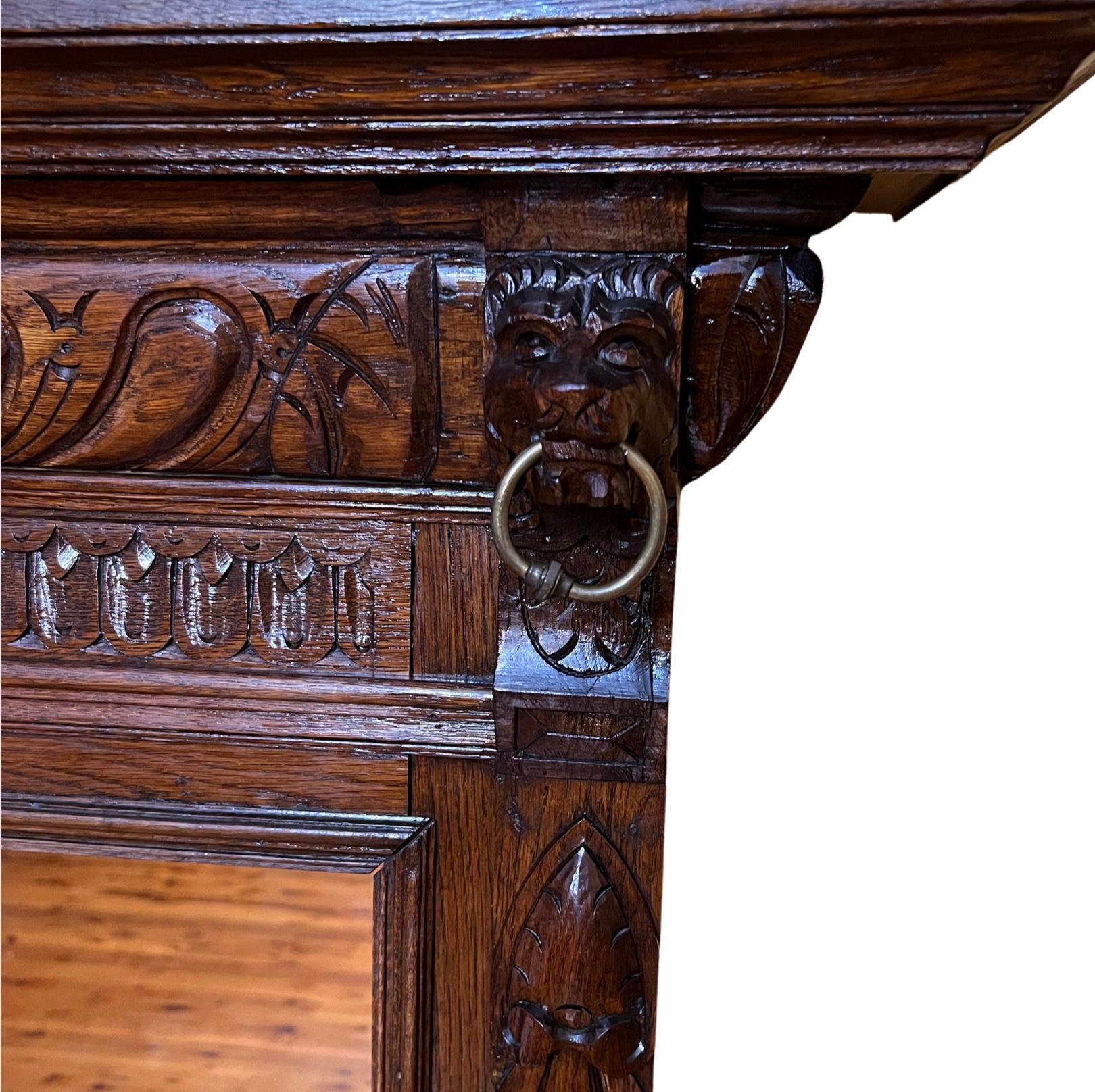 Antique French 19th Century Detail Carved Oak with Lion Heads Mirror In Good Condition For Sale In EDENSOR PARK, NSW