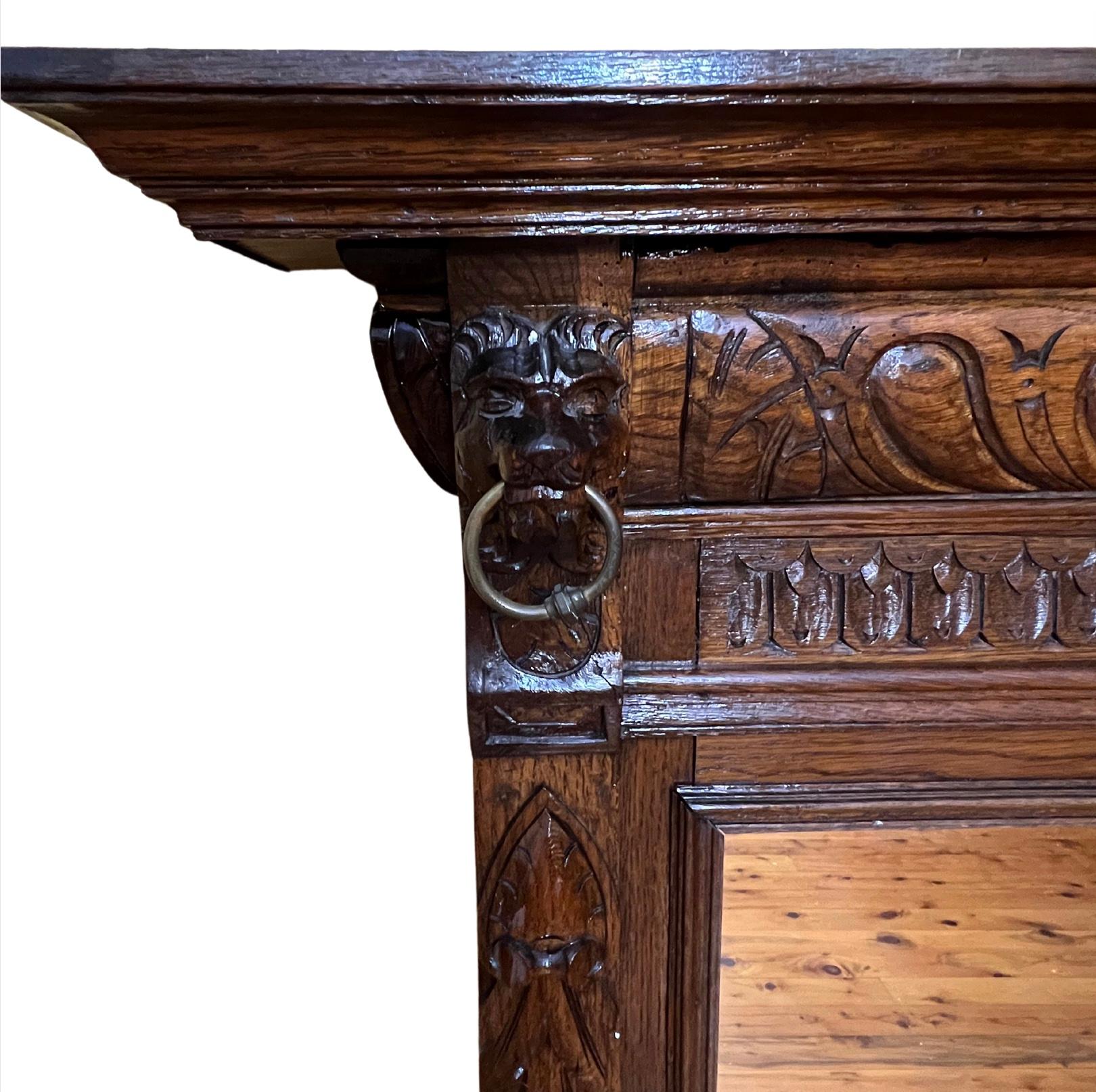 Antique French 19th Century Detail Carved Oak with Lion Heads Mirror 1