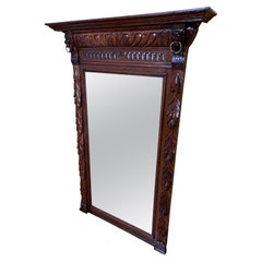 Antique French 19th Century Detail Carved Oak with Lion Heads Mirror
