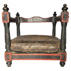 Antique French 19th Century Carved Wood and Leather Dog Bed