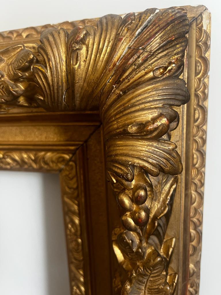 Magnificent 19th century French hand crafted and gold gilded picture frame. An incredible detailed work. The frame looks Royal and luxurious. Dimensions of the painting which could fit inside are 57 x 47,5 cm.
