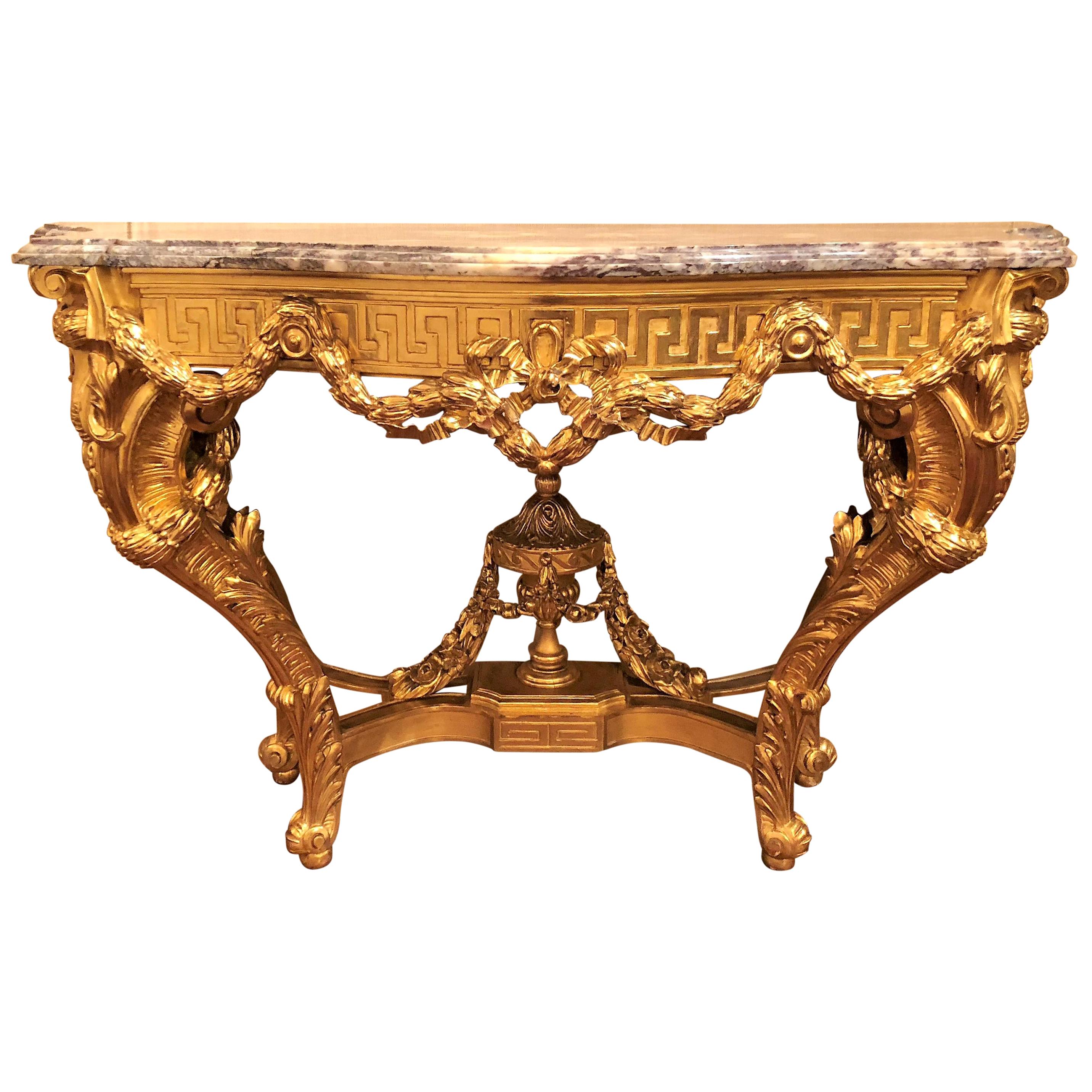 Antique French 19th Century Gold Leaf Console with Marble Top For Sale