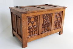 Antique French 19th Century Gothic Revival Blanket Chest Carved Oak forged iron