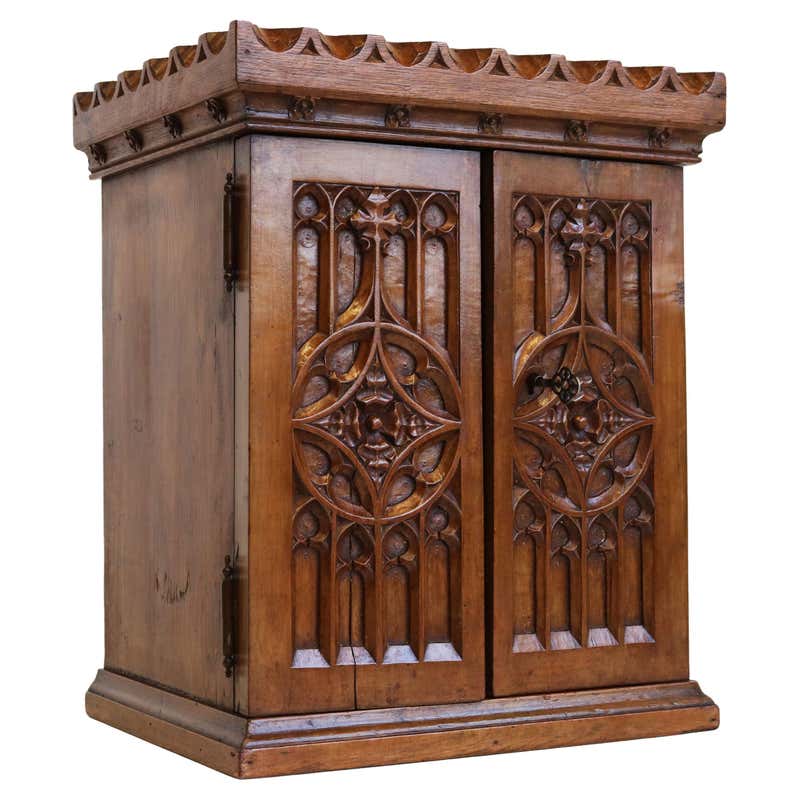 Gothic Counter Heavily Carved Gothic Revival Oak Counter Display Cabinet, Figural ...