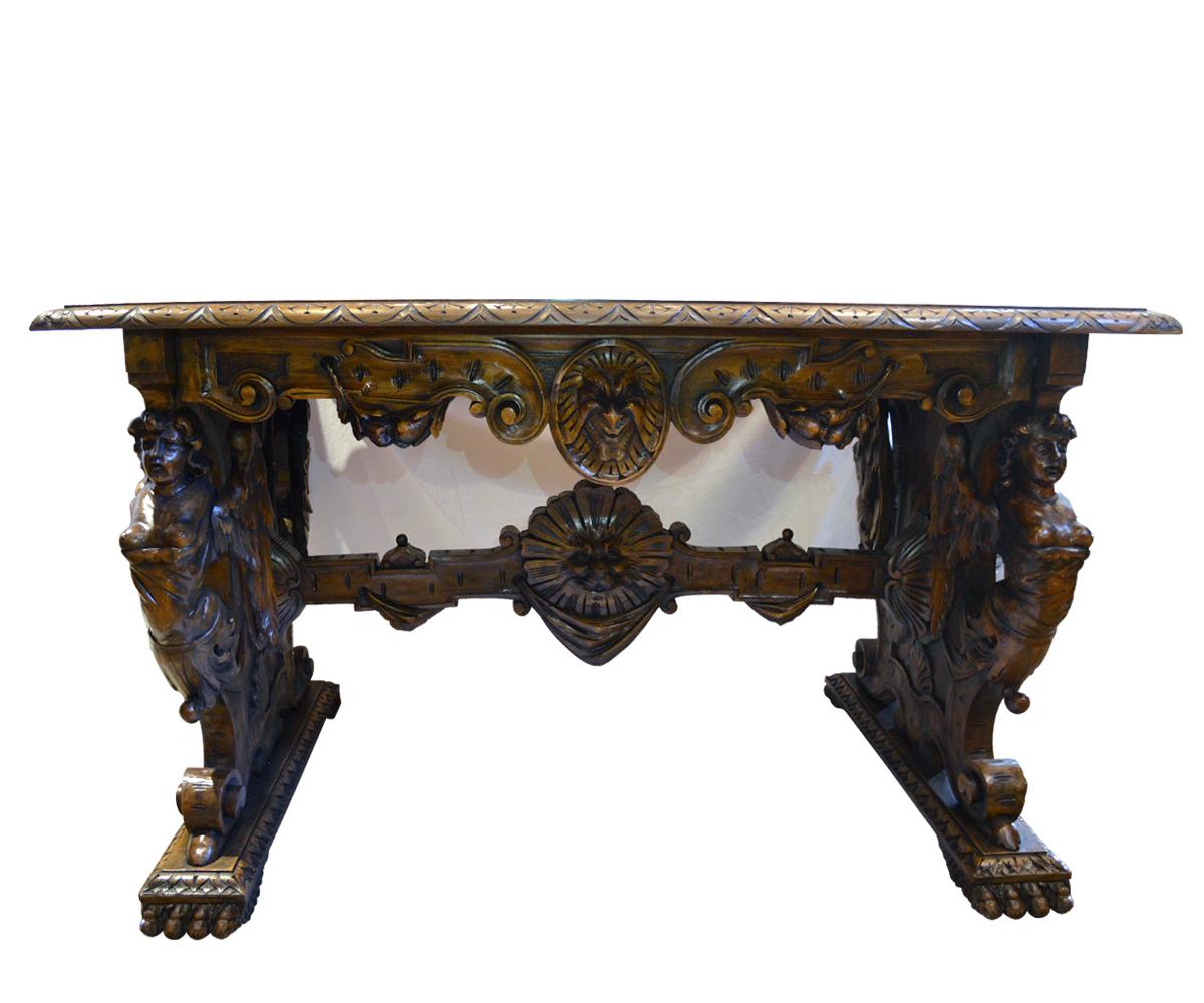 Renaissance Antique French 19th Century Hand-Carved Walnut Angel Table