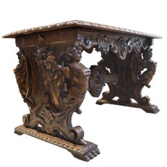 Antique French 19th Century Hand-Carved Walnut Angel Table