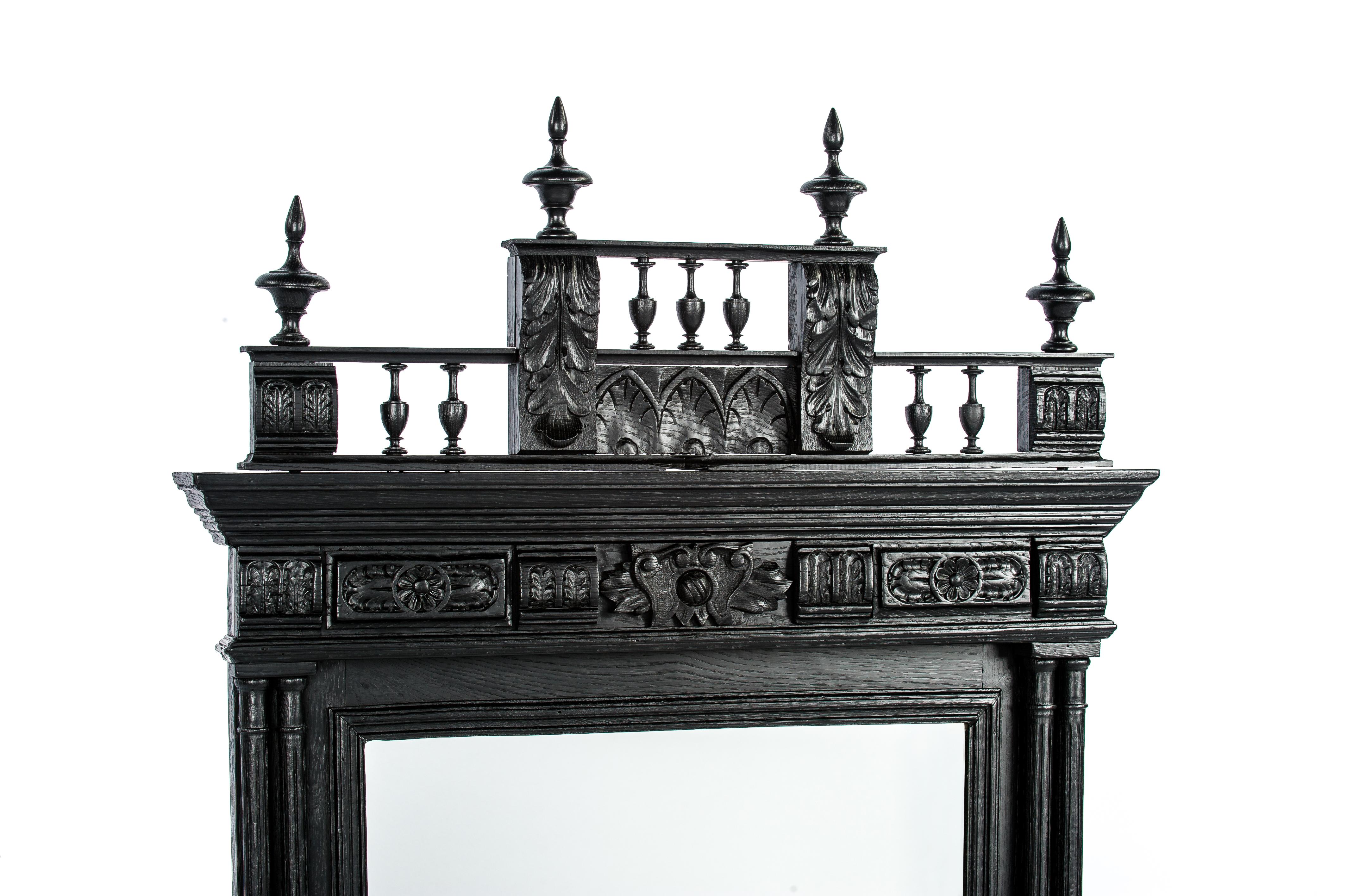 Neoclassical Antique French 19th Century Henri II Matte Black Oak Mirror with New Glass