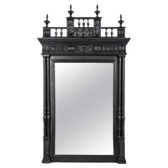 Antique French 19th Century Henri II Matte Black Oak Mirror with New Glass