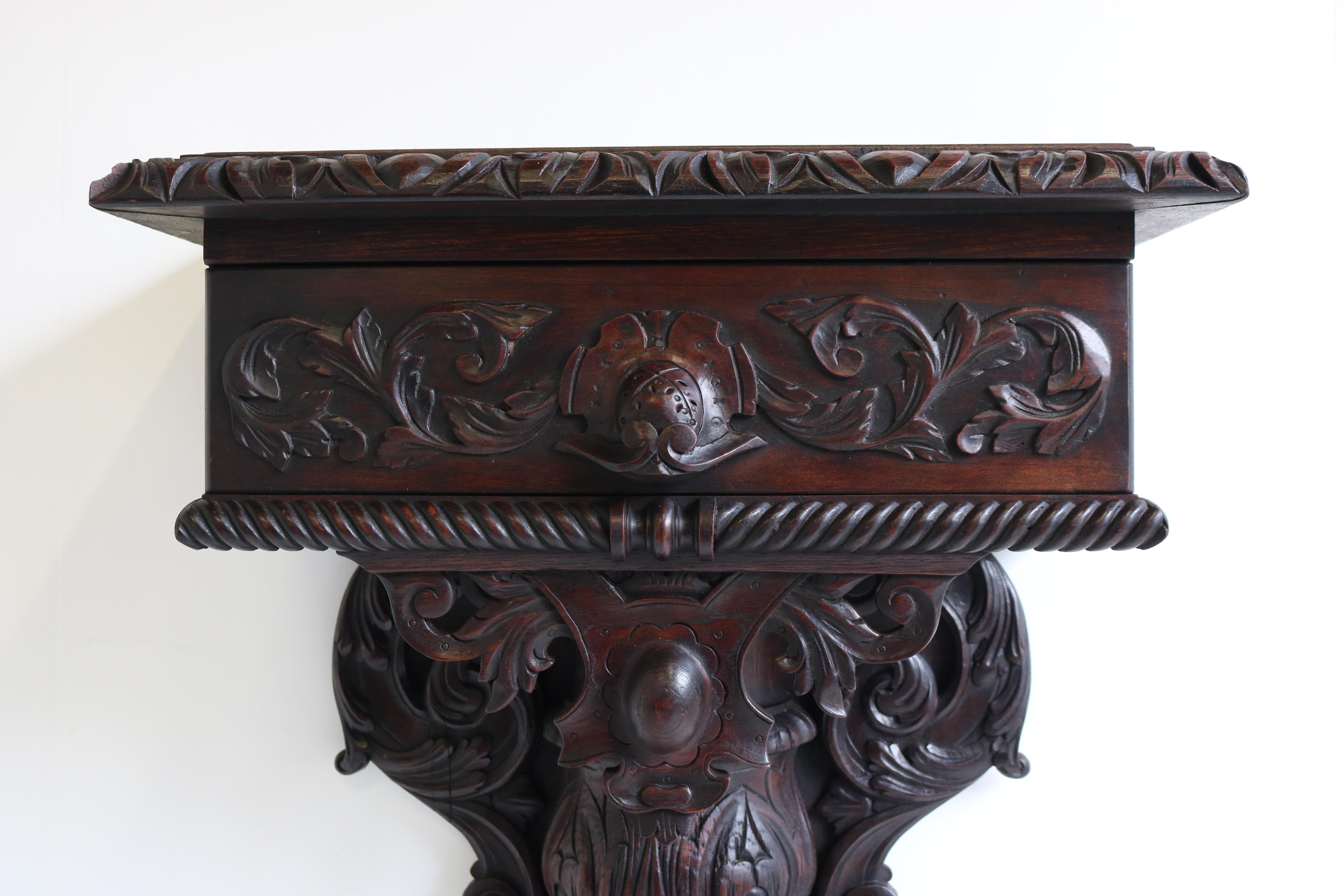 Antique French 19th Century Hunt Console / Wall Table with Drawer Fox Head Oak For Sale 10