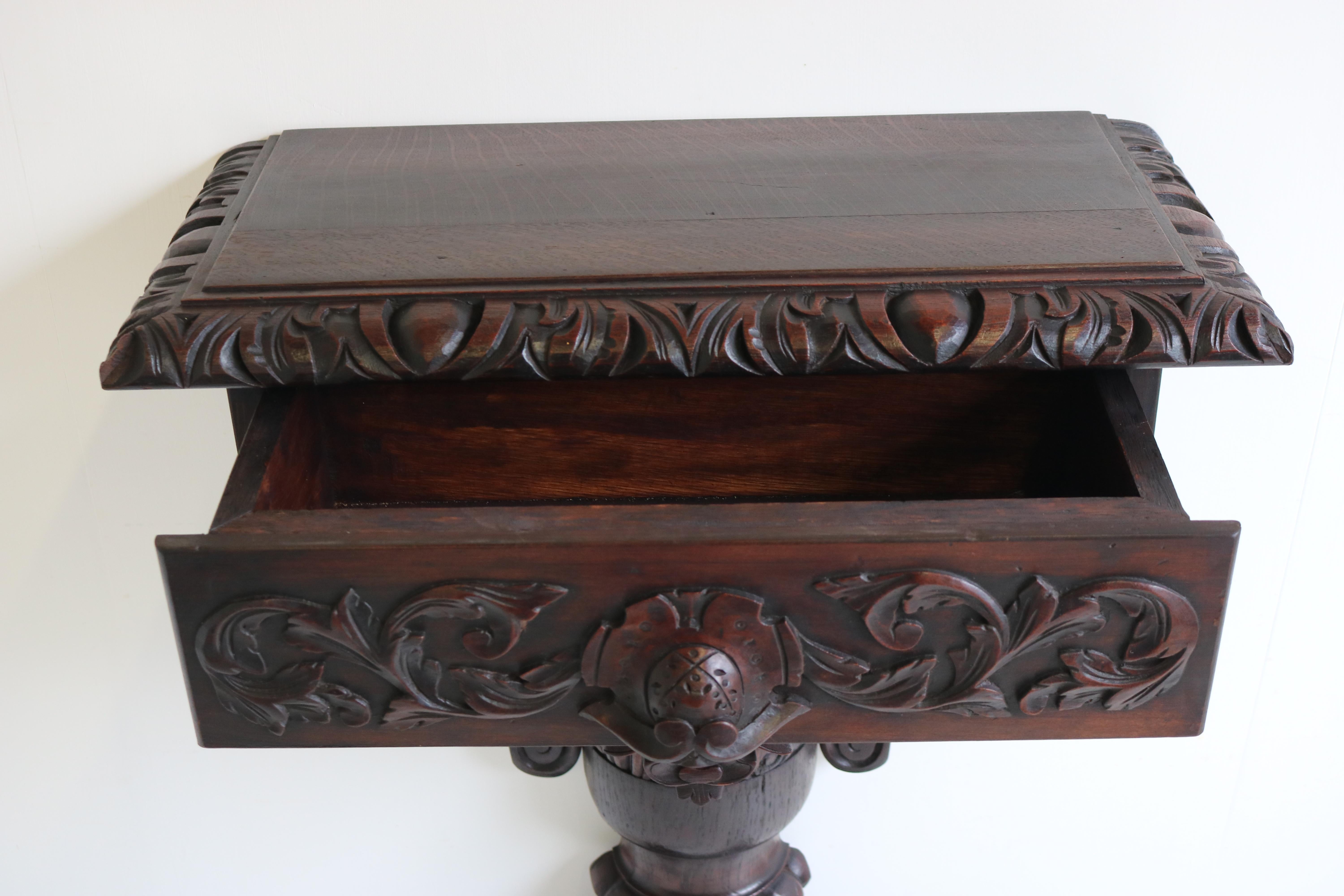 Antique French 19th Century Hunt Console / Wall Table with Drawer Fox Head Oak For Sale 11