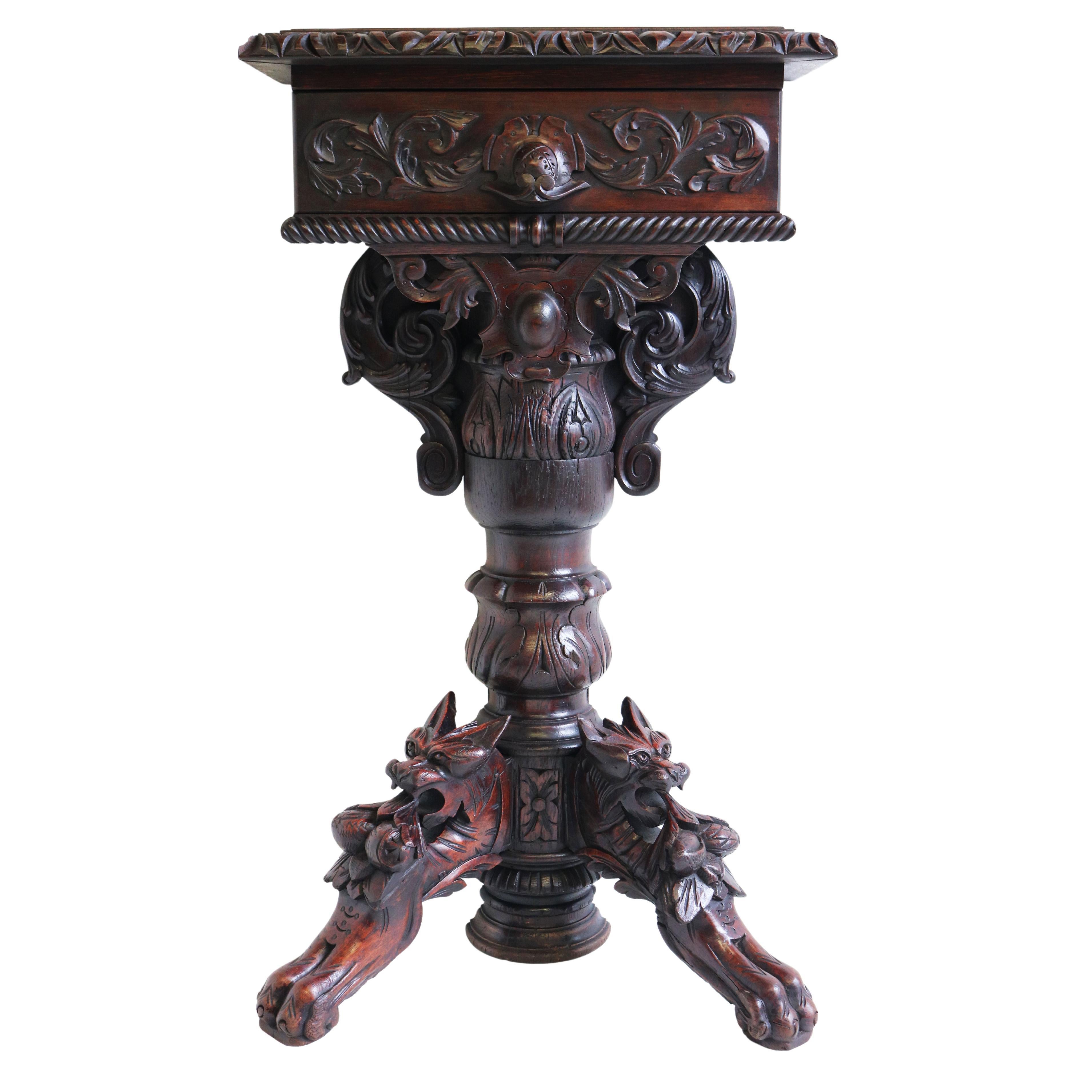 Antique French 19th Century Hunt Console / Wall Table with Drawer Fox Head Oak For Sale