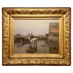 Ancienne peinture française du 19ème siècle, paysage, huile sur toile, signée L. Barillot