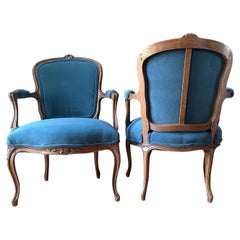 Antique French 18th century Louis XV style pair velvet  chairs pegged joinery
