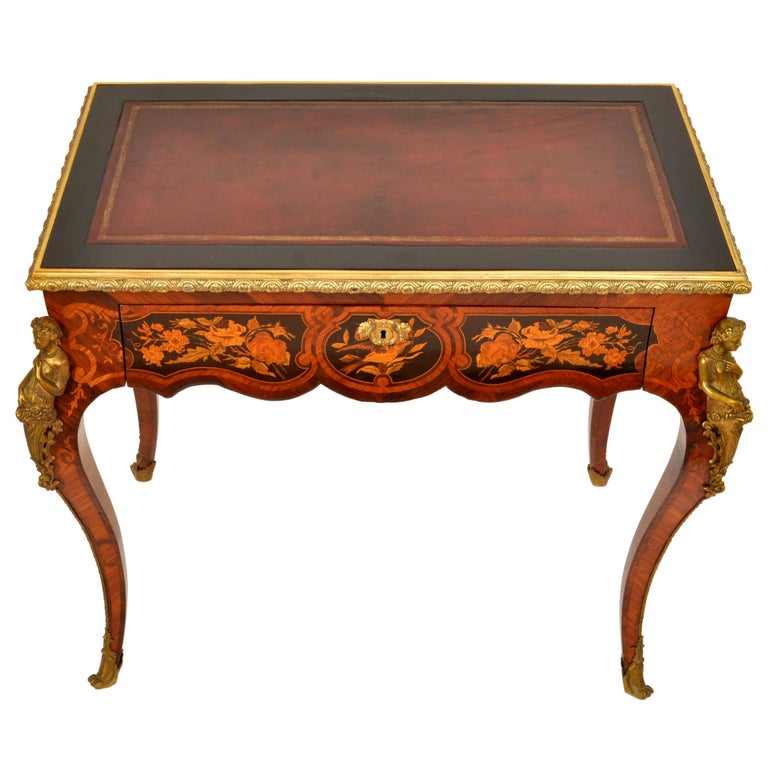 Antique French 19th Century Louis XVI Marquetry Ormolu Writing Desk Table 1895 In Excellent Condition For Sale In Portland, OR