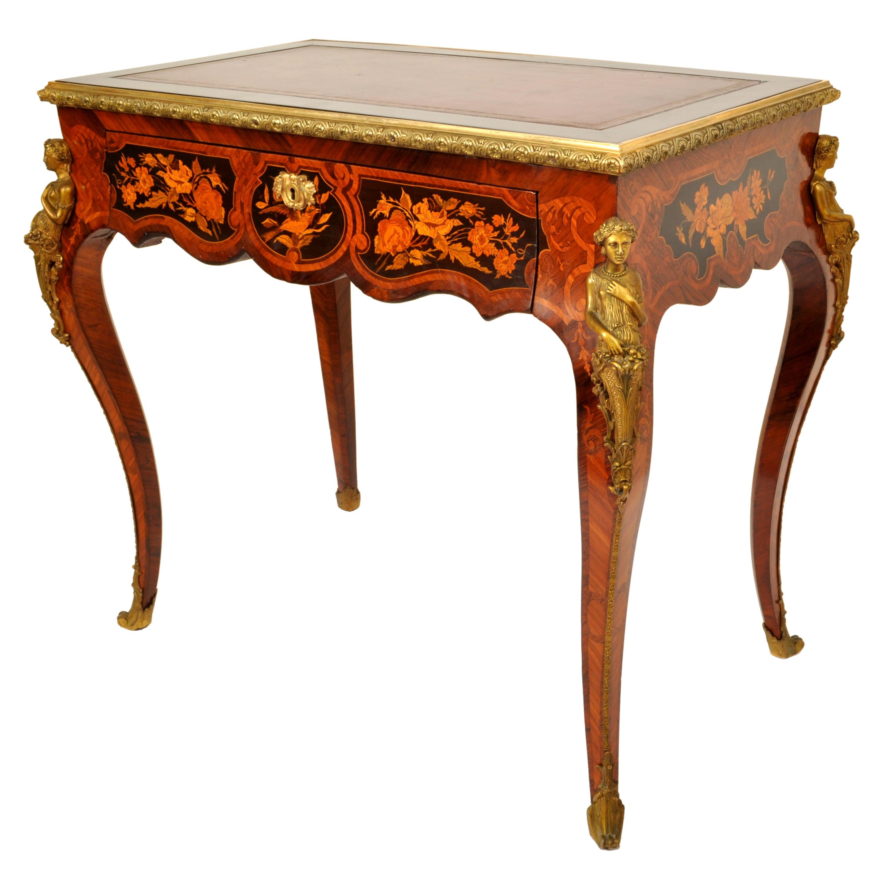 Late 19th Century Antique French 19th Century Louis XVI Marquetry Ormolu Writing Desk Table Linke