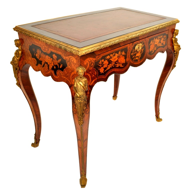 Bronze Antique French 19th Century Louis XVI Marquetry Ormolu Writing Desk Table 1895 For Sale