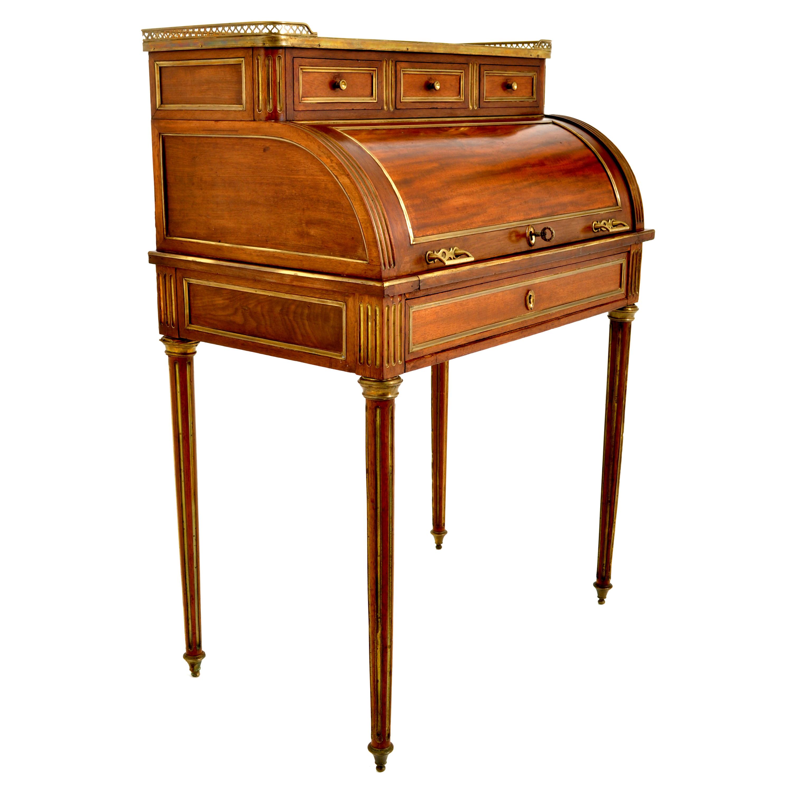 Antique French 19th Century Louis XVI Walnut Ormolu Marble Cylinder Desk, 1880 In Good Condition In Portland, OR