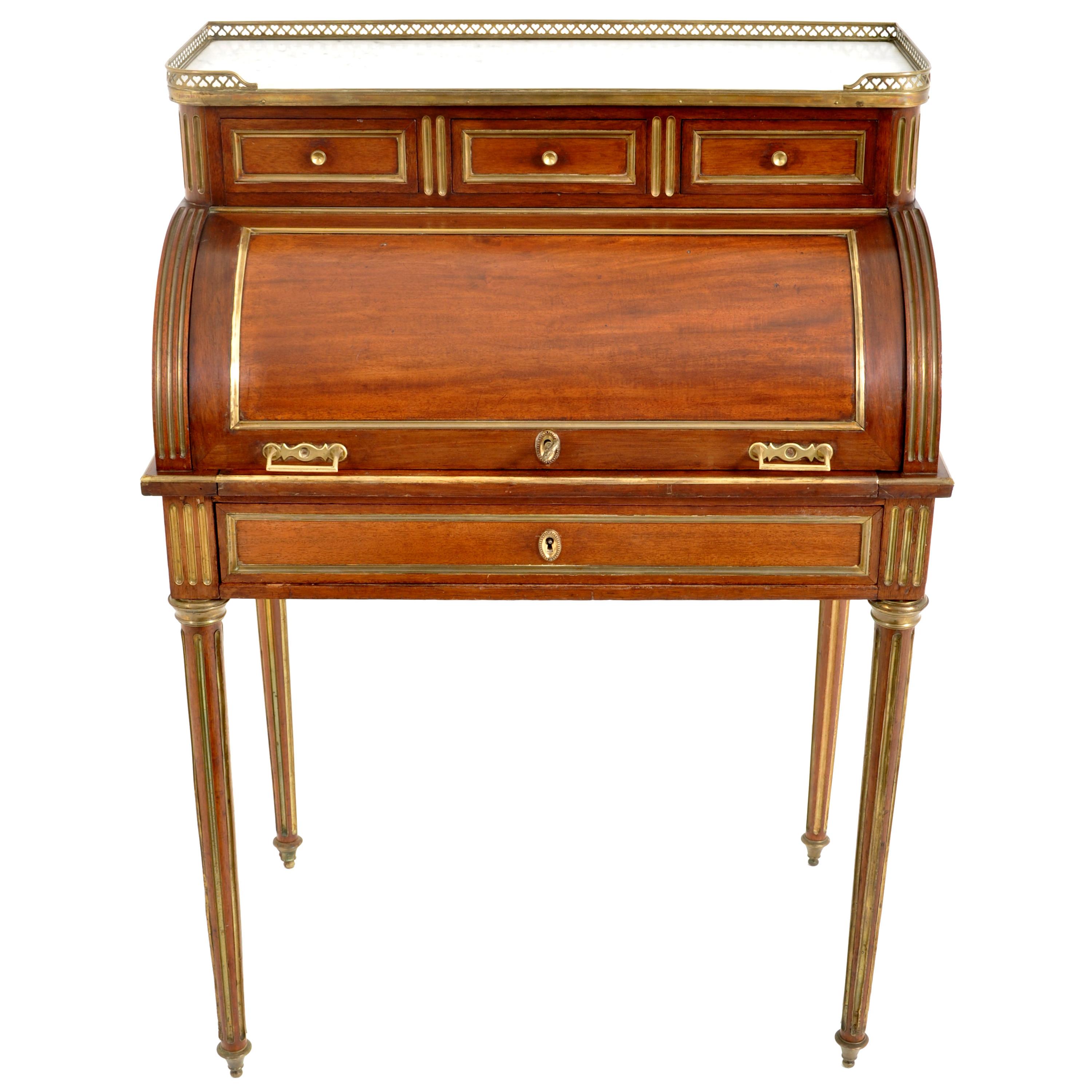 Late 19th Century Antique French 19th Century Louis XVI Walnut Ormolu Marble Cylinder Desk, 1880