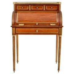 Antique French 19th Century Louis XVI Walnut Ormolu Marble Cylinder Desk, 1880