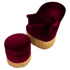 Antique French 19th Century Napolean III Armchair and Footstool Bullion Fringe