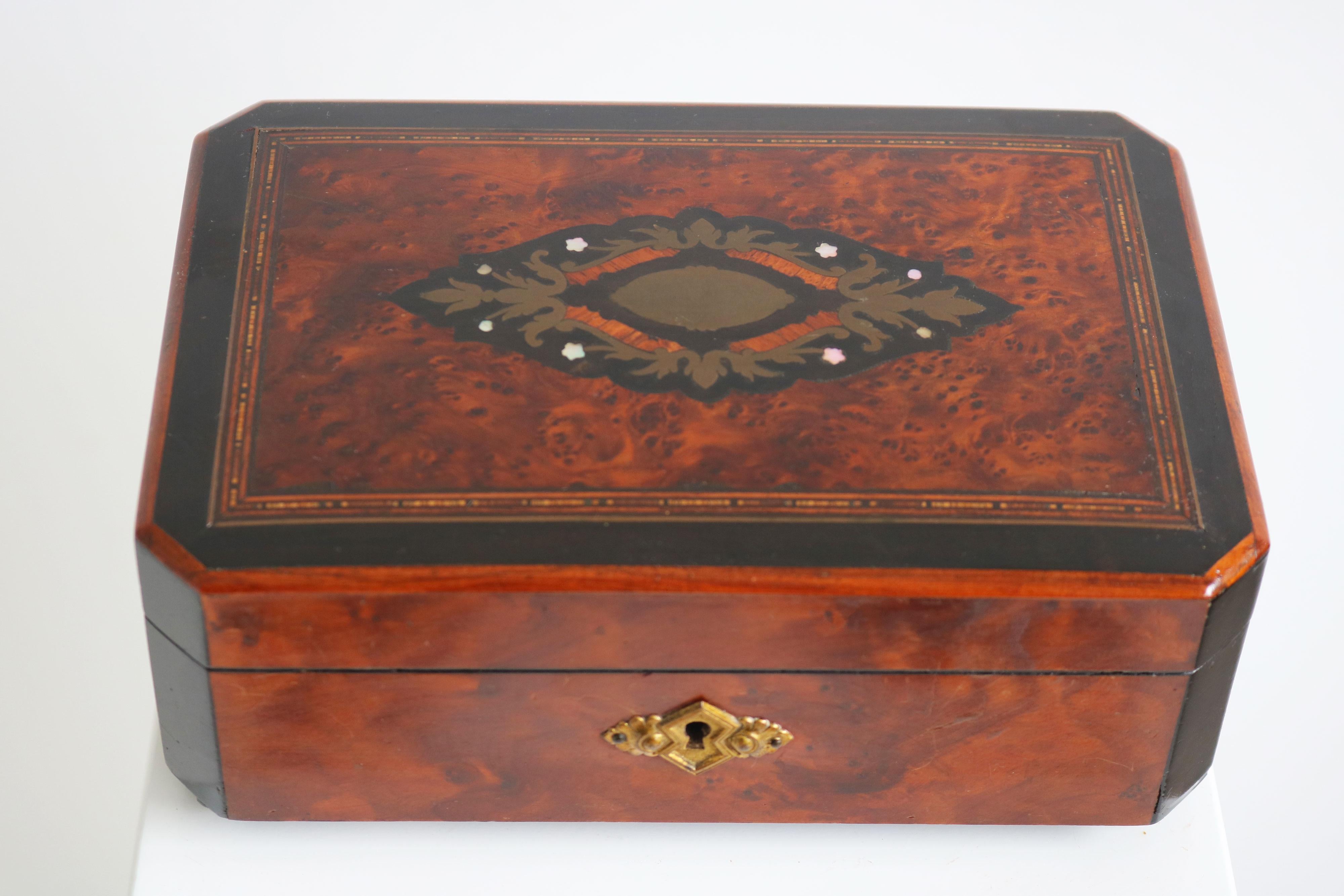 Marvelous & luxurious ! This most rare 19th century French antique Napoleon III jewelry box.  
Great large size jewelry box that can be used to store your jewelry in style!  Very rare with original bordeaux red fabric interior that just oozes