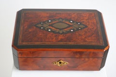 Antique French 19th Century Napoleon III Jewelry Box Inlaid Brass Pearl Thuya