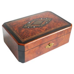 Used French 19th Century Napoleon III Jewelry Box Inlaid Brass Pearl Thuya