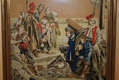 ANTIQUE FRENCH 19TH CENTURY NEEDLEWORK EMBROIDERY TAPESTRY PiCTURE OF SAILORS