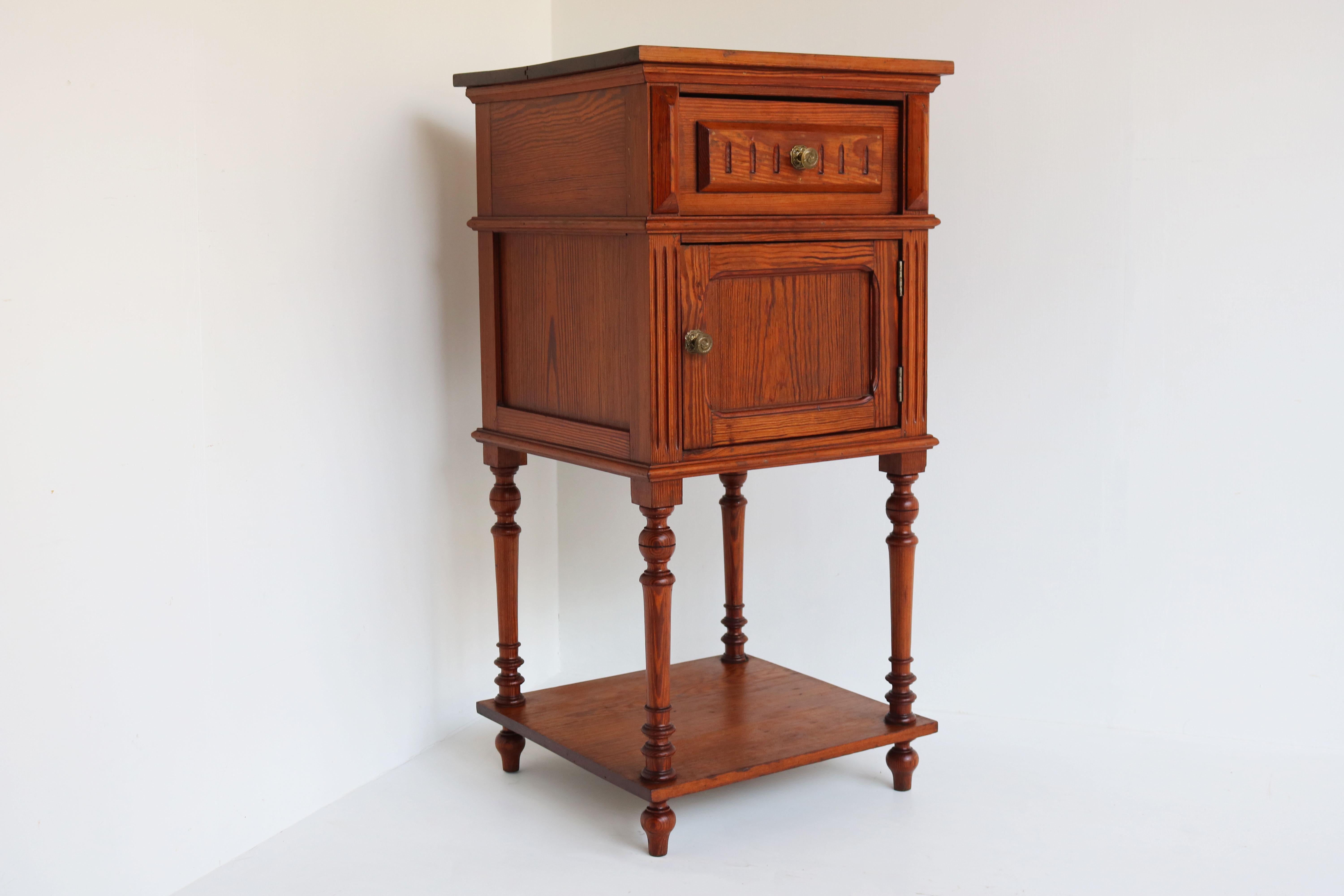 Hand-Carved Antique French 19th Century Night Stand / Bedside Table in Solid Pitchpine
