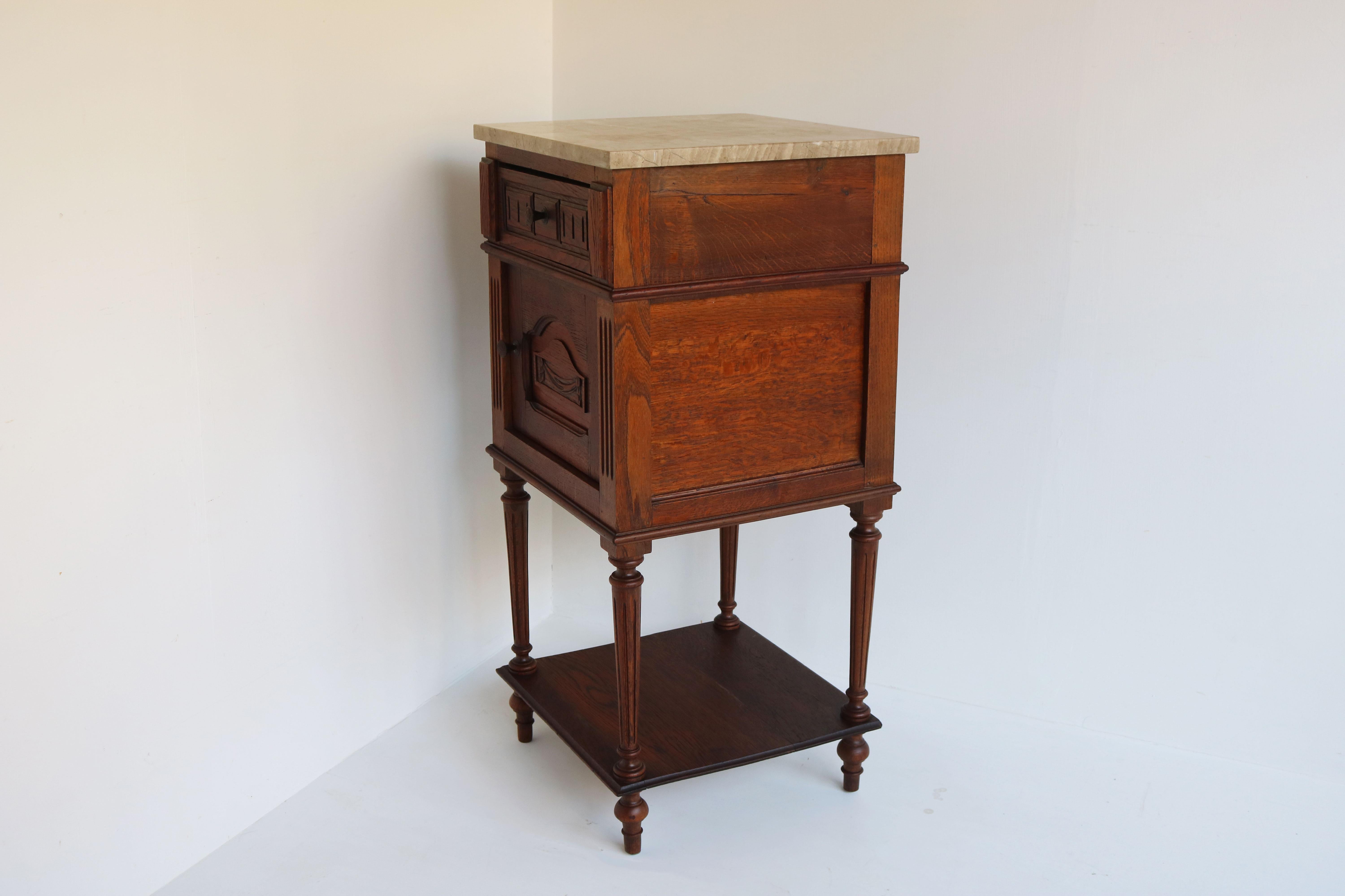 Antique French 19th Century Night Stand / Bedside Table Solid Oak & Marble Top 3