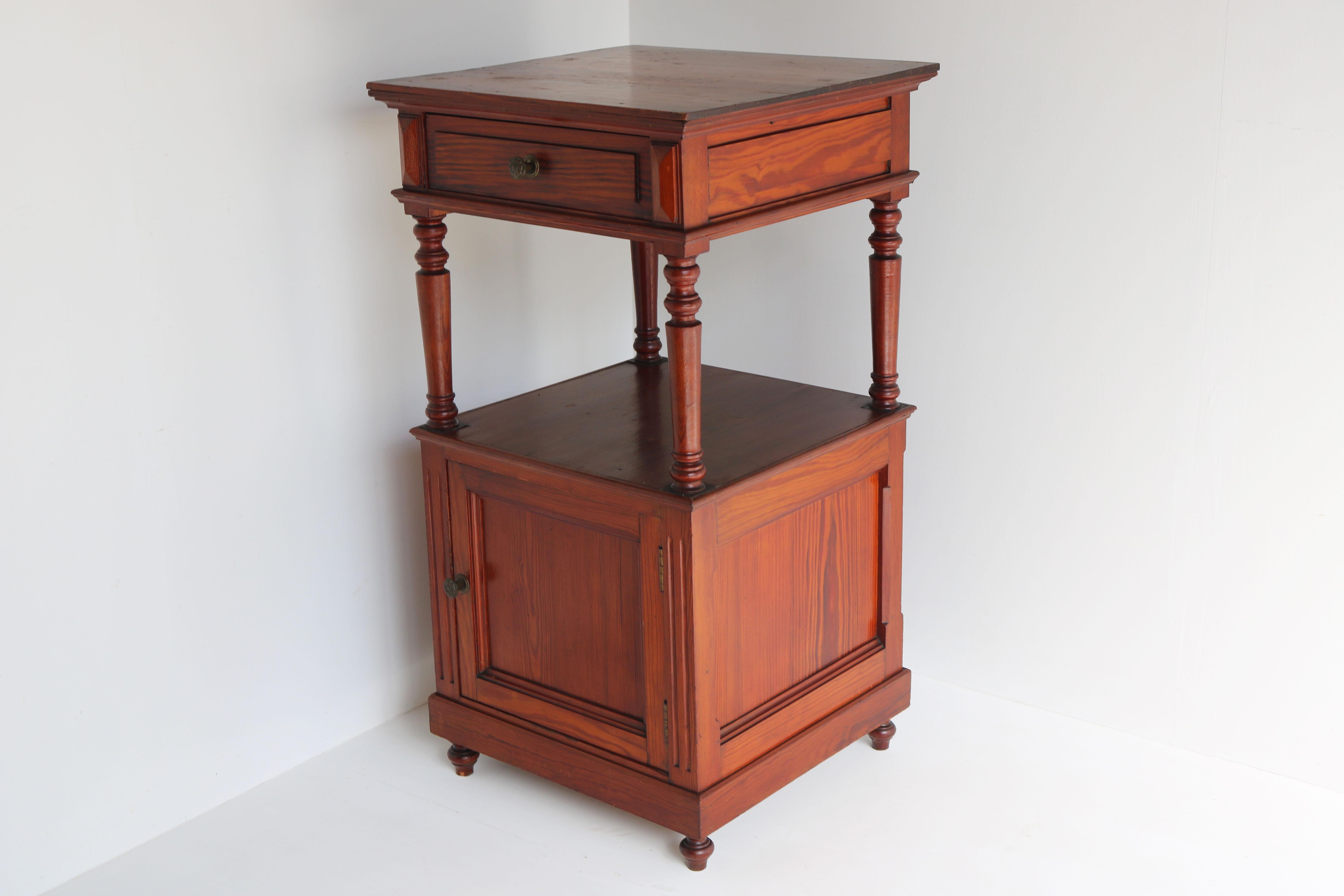 Pine Antique French 19th Century Night Stand / Bedside Table Solid Pitchpine Carved For Sale