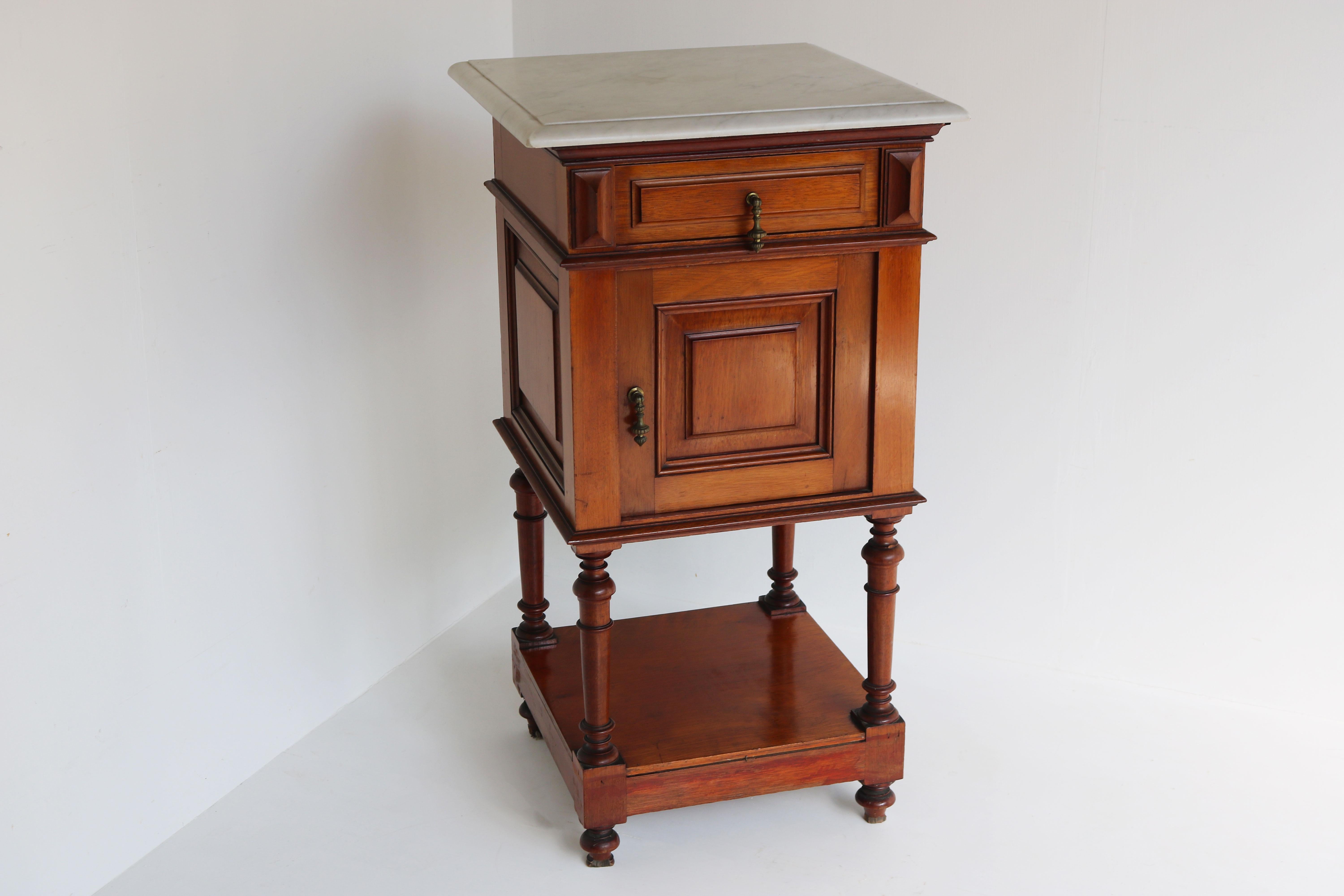 Hand-Crafted Antique French 19th Century Nightstand / Side Table with Marble Top Bedside
