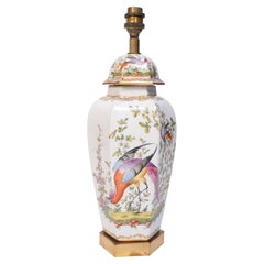 Antique French 19th Century Porcelain Hexagonal Table Lamp Exotic Birds