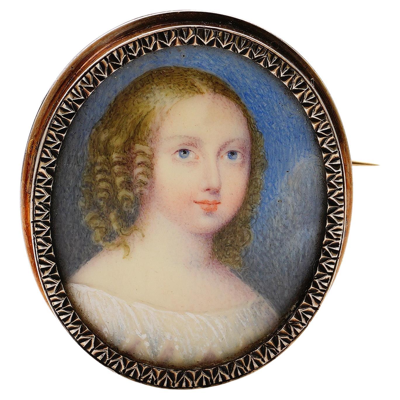 Portrait miniature français ancien de la princesse Louise de France du 19ème siècle