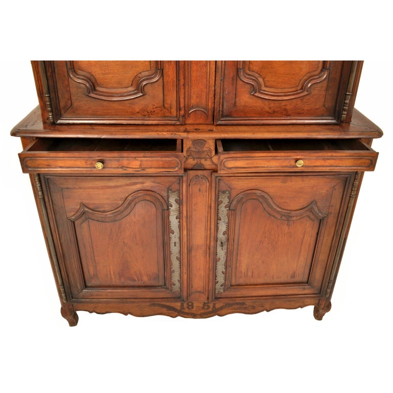 Antique French 19th Century Provincial Fruitwood Buffet a' Deux Corps Dated  1851 For Sale at 1stDibs