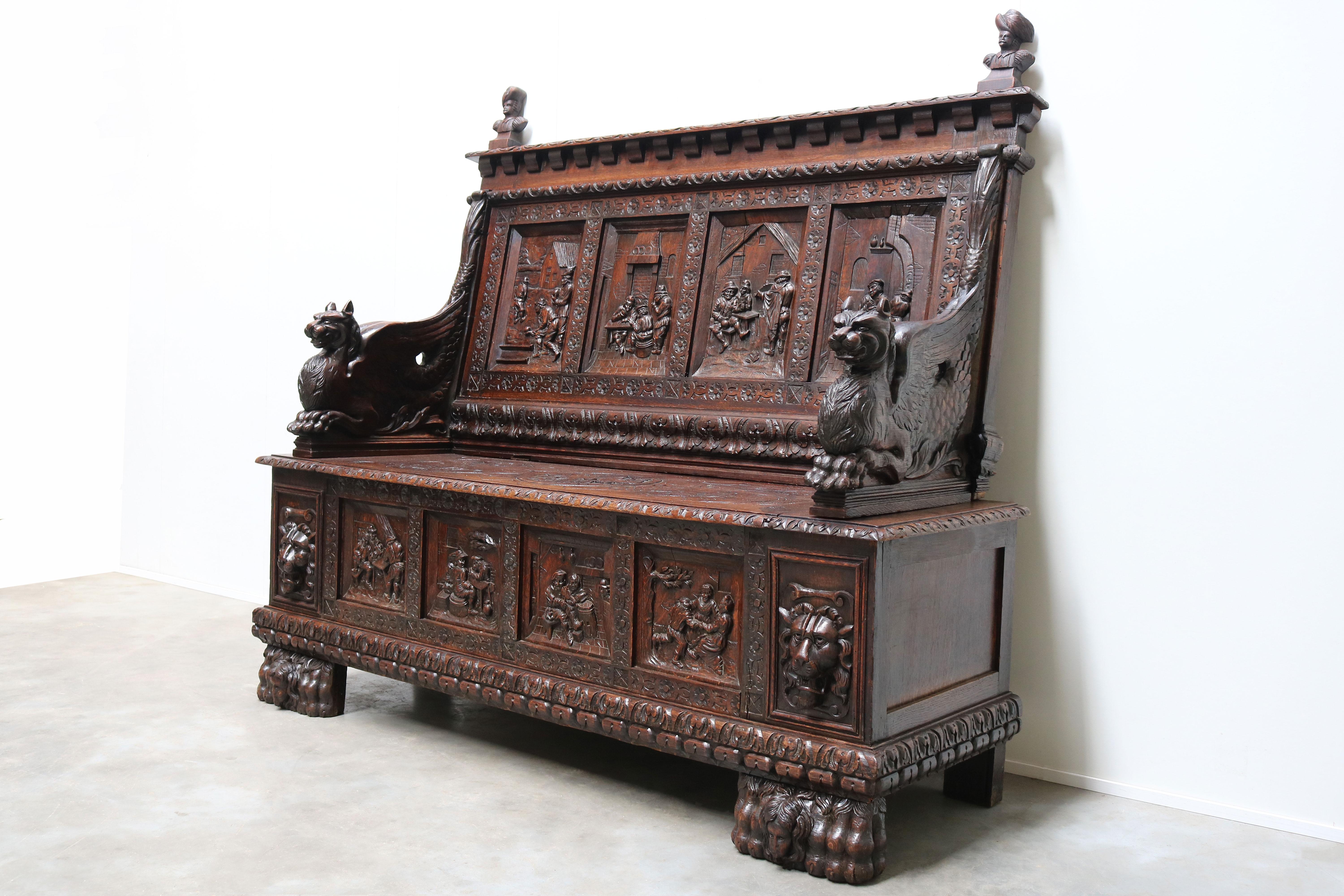 Late 19th Century Antique French 19th Century Renaissance Hall Bench Carved Oak Trunk Chest Breton