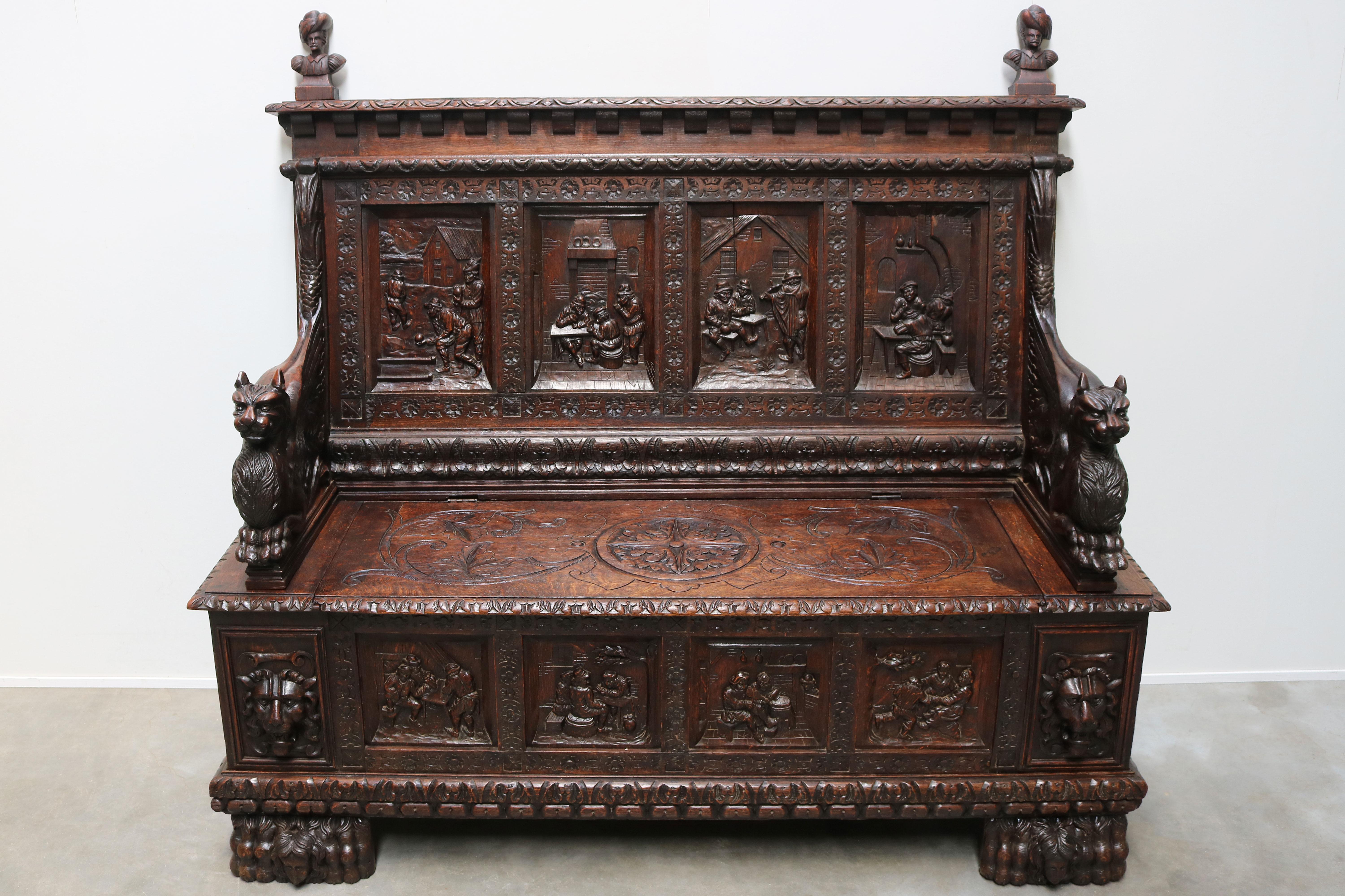 Antique French 19th Century Renaissance Hall Bench Carved Oak Trunk Chest Breton 2