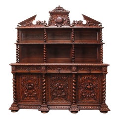 Antique French 19th Century Renaissance Revival Barley Twist Sideboard Oak Hunt