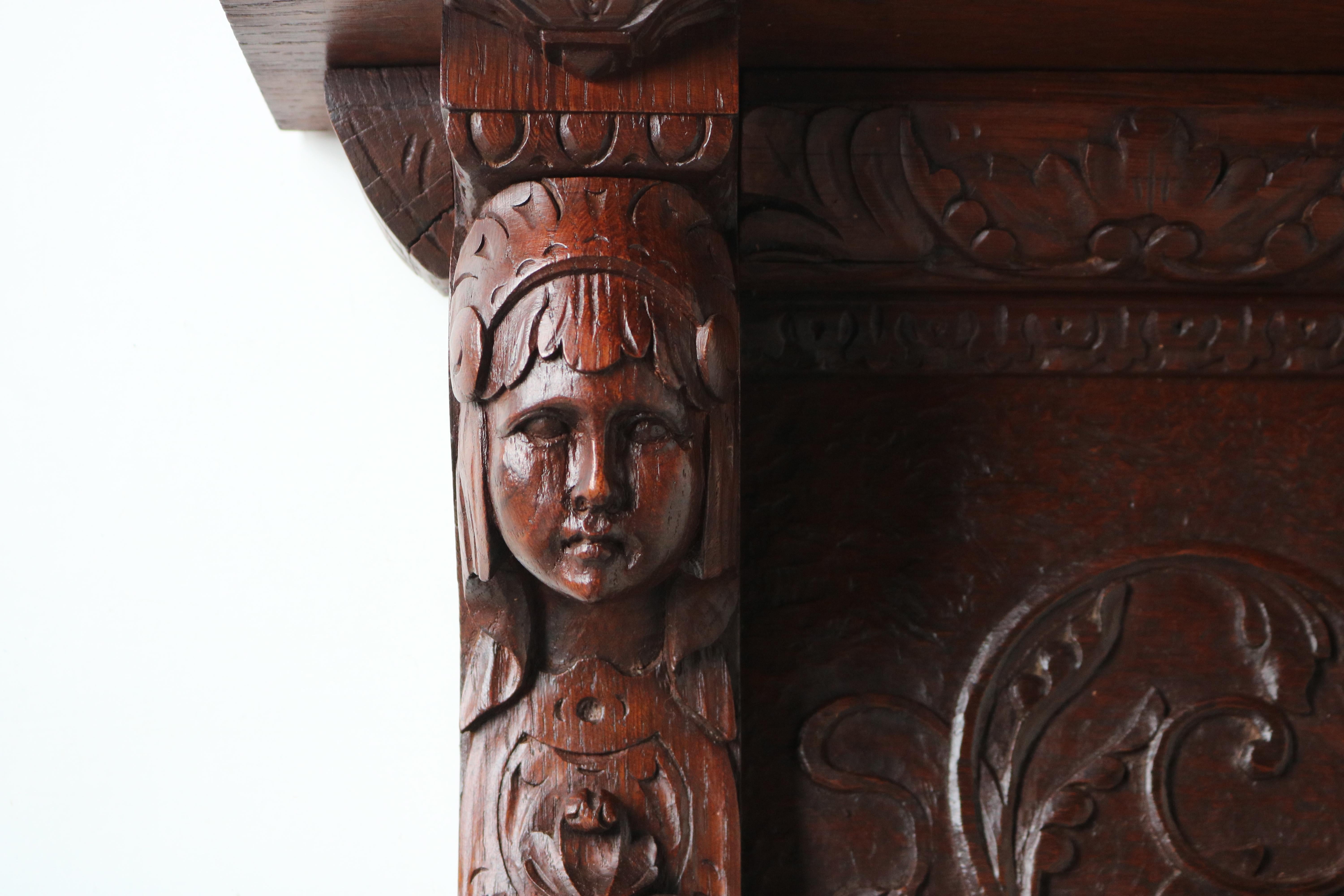 Carved Antique French 19th Century Renaissance Revival Coat Rack / Hat Rack Hallway Oak