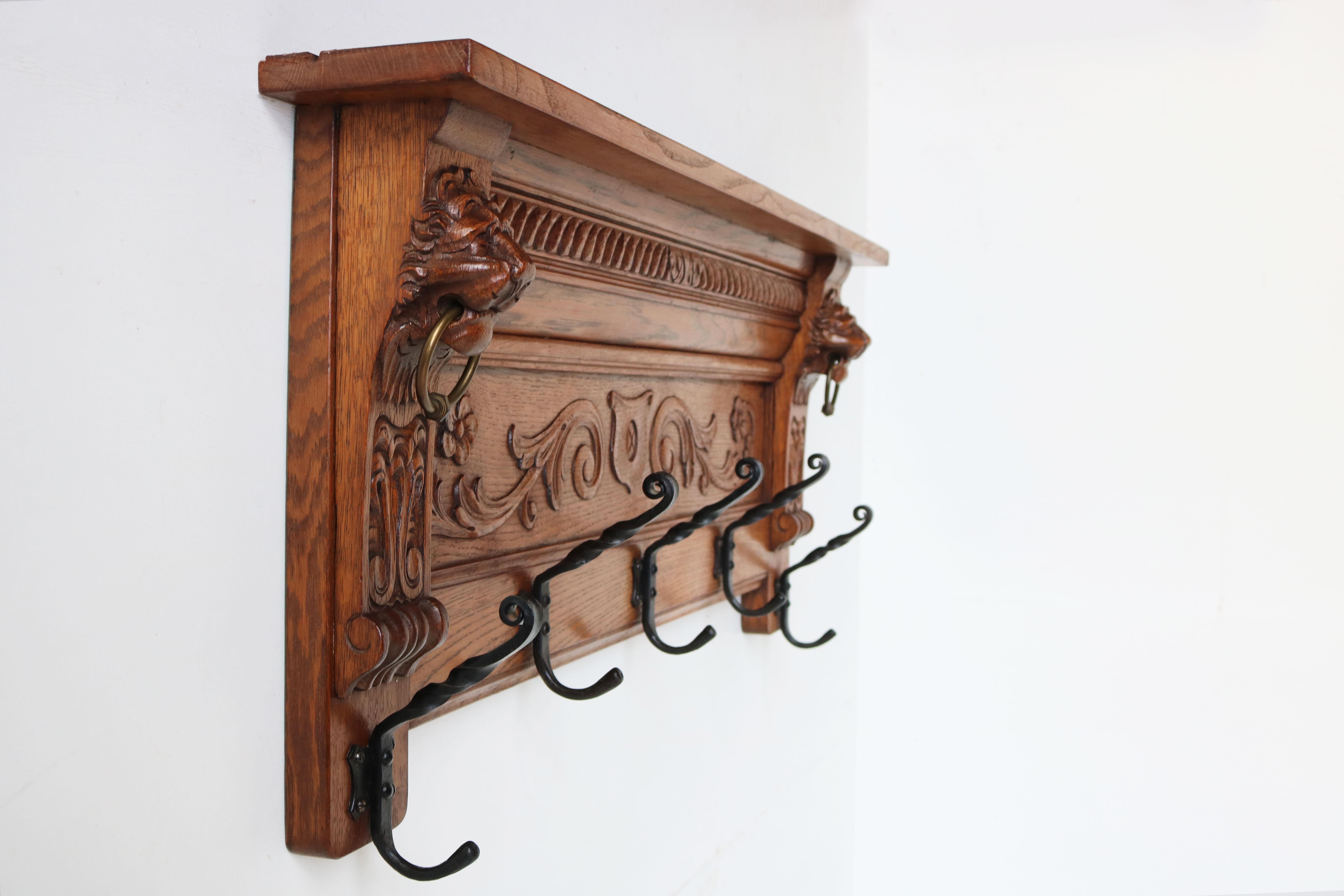 Carved Antique French 19th Century Renaissance Revival Coat Rack Oak Wrought Iron Lions