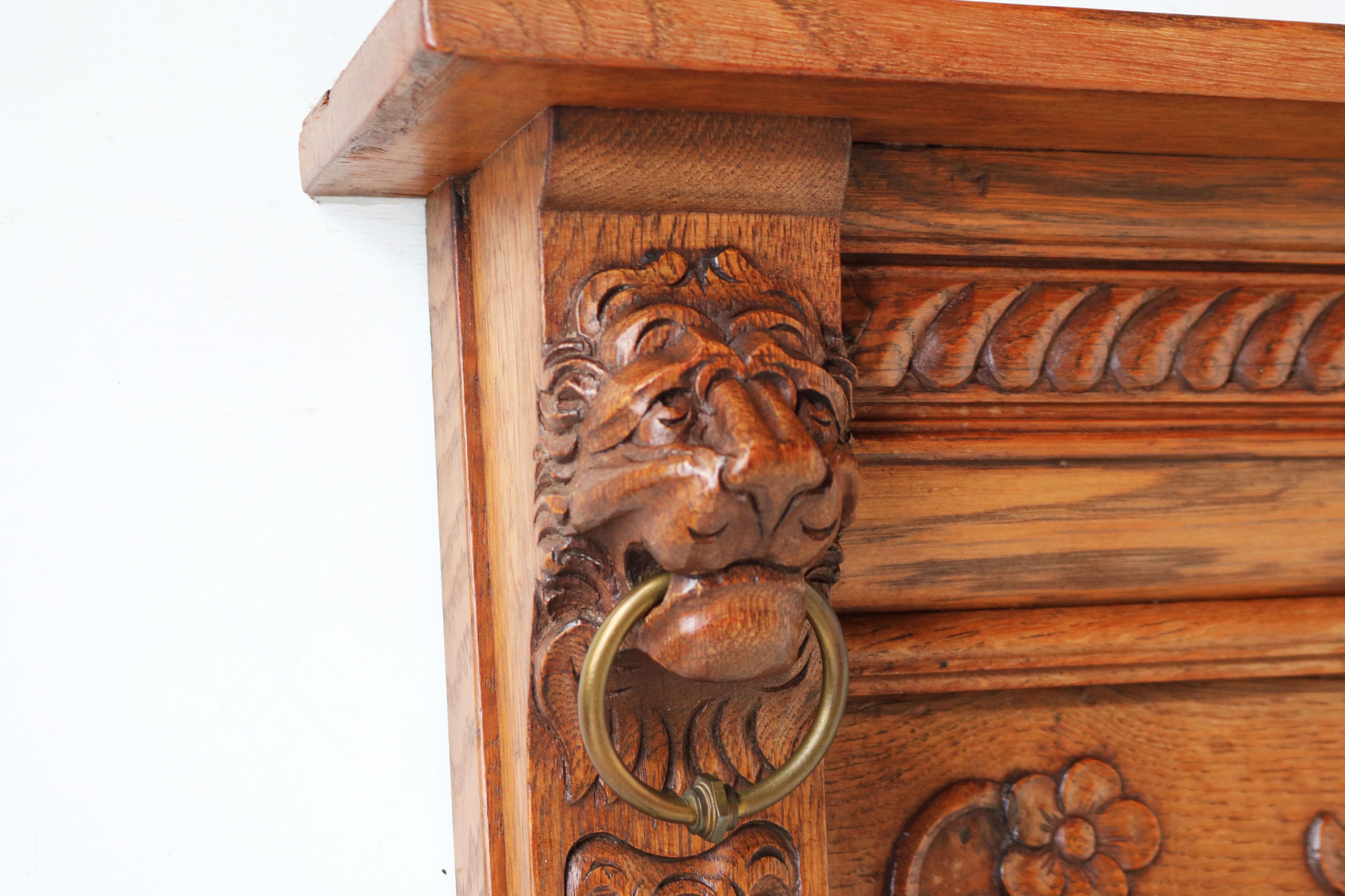 Antique French 19th Century Renaissance Revival Coat Rack Oak Wrought Iron Lions 2