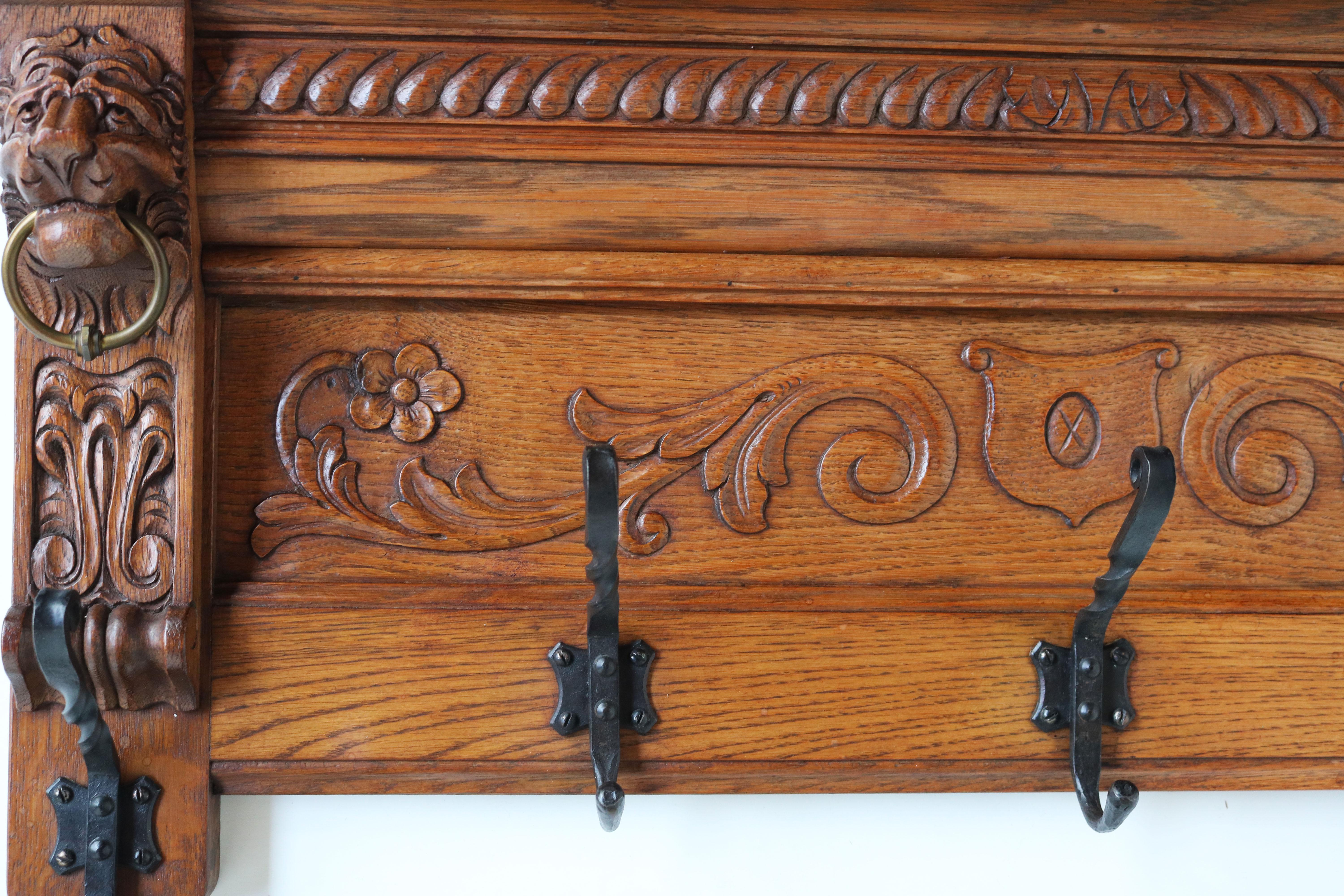 Antique French 19th Century Renaissance Revival Coat Rack Oak Wrought Iron Lions 4