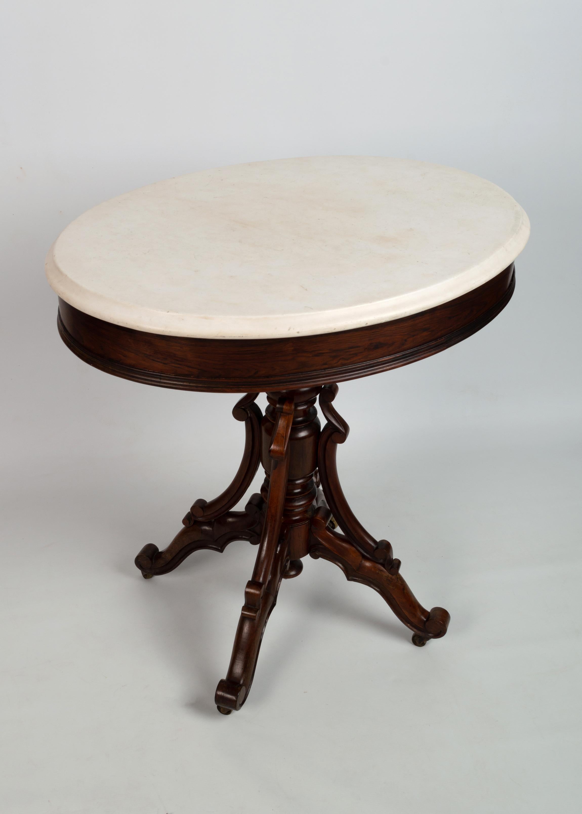 Rococo Antique French 19th Century Rosewood and Marble Oval Occasional Table C1850 For Sale